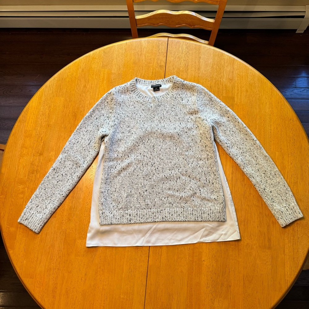 Club Monaco Small Petite Grey Tweed Sweater with side slit, white underlay